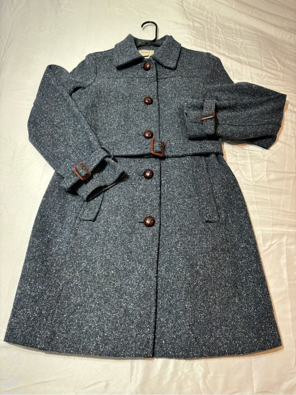 L.L. Bean Vintage Wool Silk Blend Belted Car Coat Jacket Leather Buttons XS